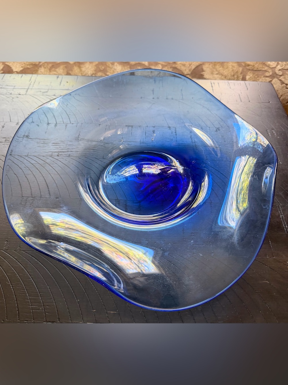 Asymmetrical Handblown Blue Glass Decorative Bowl Cobalt, Signed